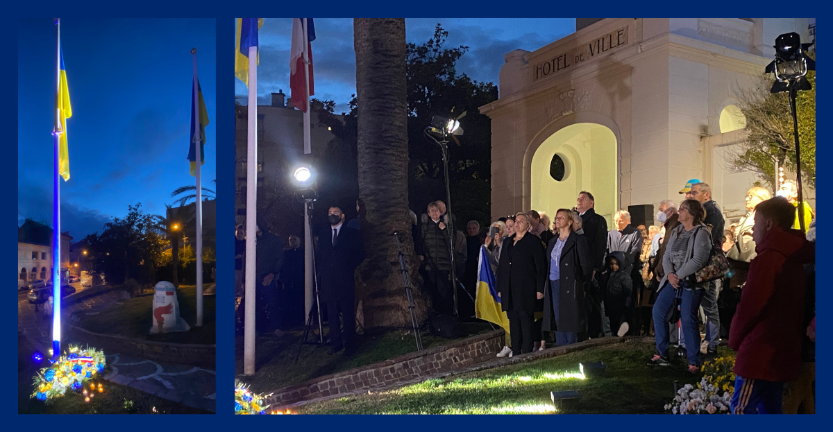 Rassemblement devant l'Hôtel de ville du Cannet illuminé aux couleurs de l'Ukraine